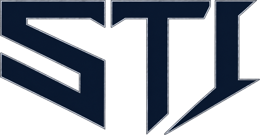 Logo STI em azul-marinho com contorno prata